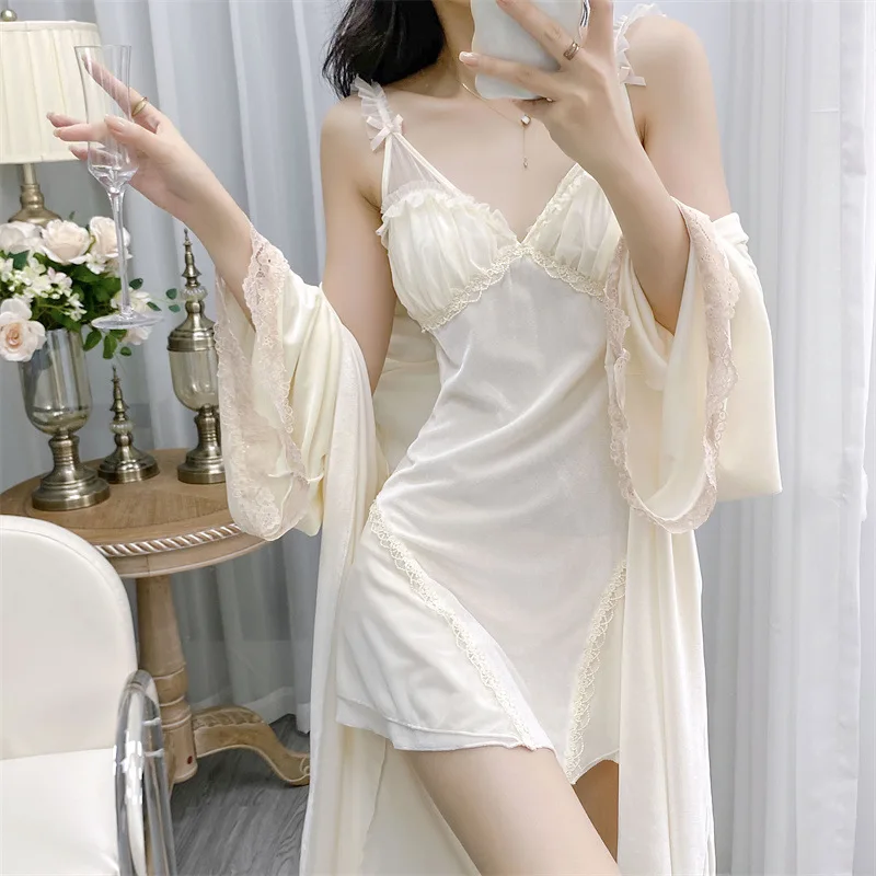 [US warehouse] Velvet lace women's two-piece robe set ladies robe bathrobe set kimono robe velvet home clothes