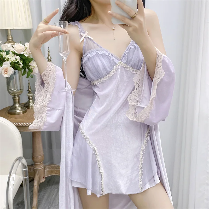 [US warehouse] Velvet lace women's two-piece robe set ladies robe bathrobe set kimono robe velvet home clothes