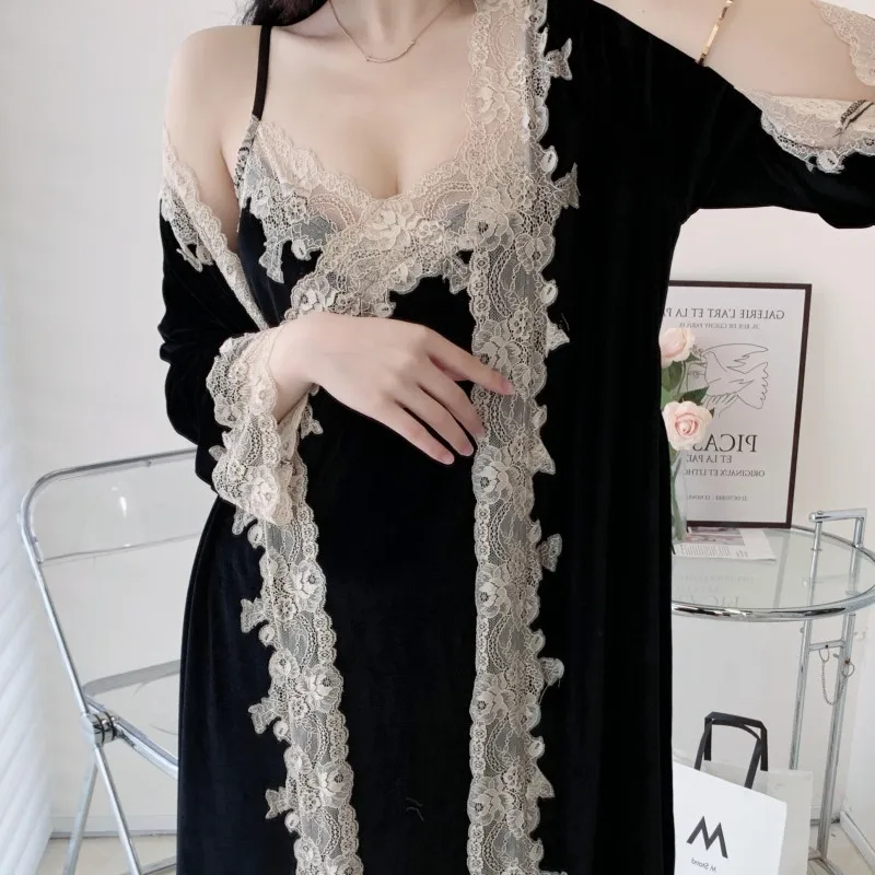 [US warehouse] Velvet lace women's two-piece robe set ladies robe bathrobe set kimono robe velvet home clothes