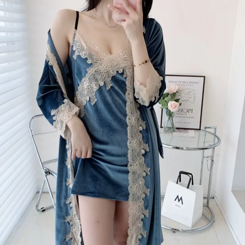 [US warehouse] Velvet lace women's two-piece robe set ladies robe bathrobe set kimono robe velvet home clothes