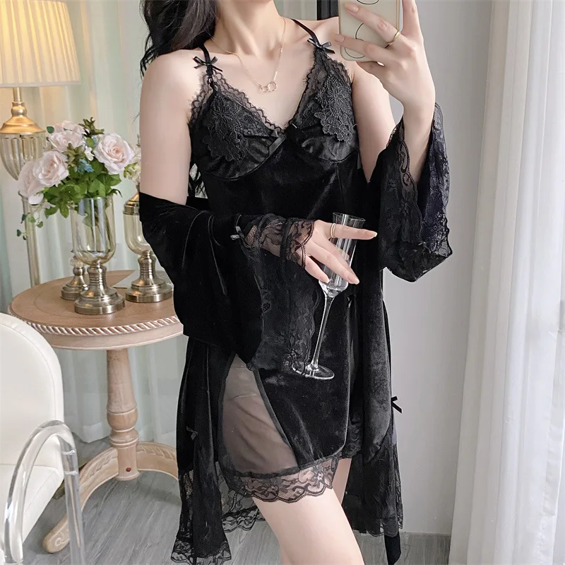 [US warehouse] Velvet lace women's two-piece robe set ladies robe bathrobe set kimono robe velvet home clothes