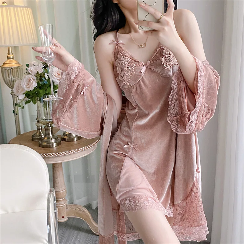 [US warehouse] Velvet lace women's two-piece robe set ladies robe bathrobe set kimono robe velvet home clothes