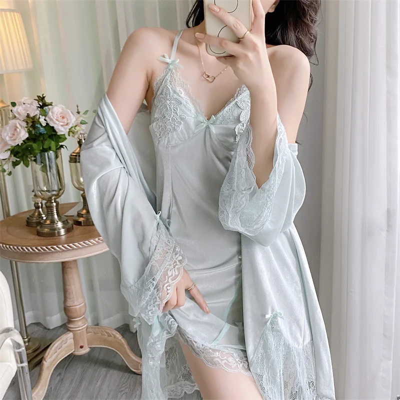 [US warehouse] Velvet lace women's two-piece robe set ladies robe bathrobe set kimono robe velvet home clothes