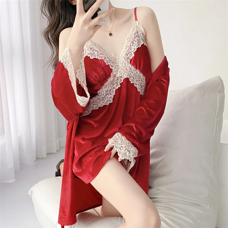[US warehouse] Velvet lace women's two-piece robe set ladies robe bathrobe set kimono robe velvet home clothes