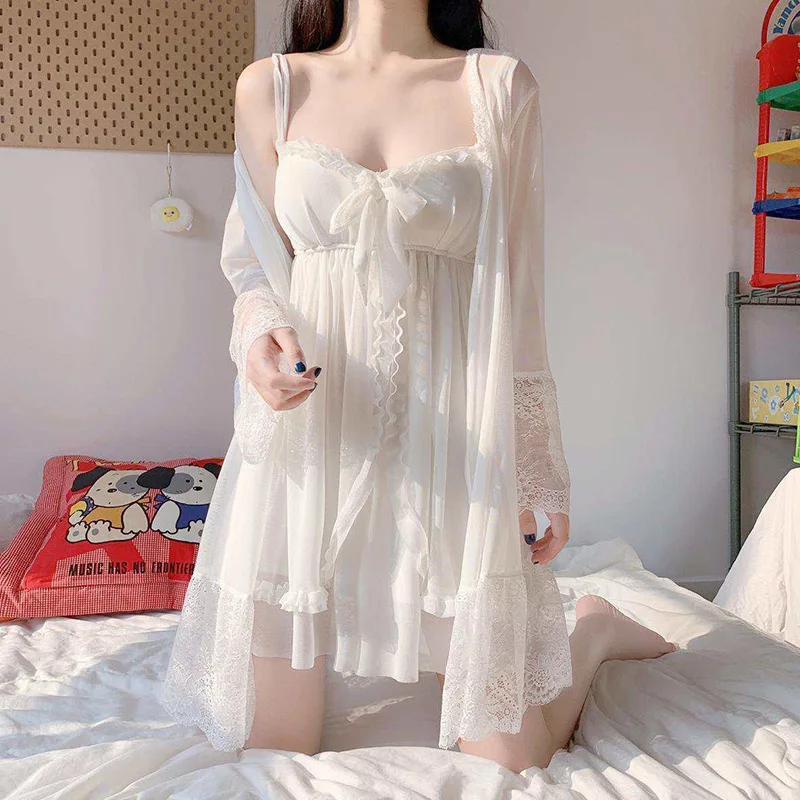 [US warehouse] Sexy pajamas with breast pads, women's lace pajamas robe set, sexy pajamas, white lace robe, women's underwear