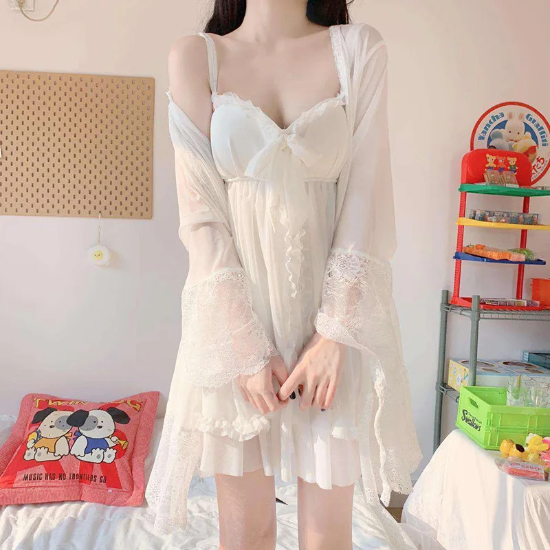 [US warehouse] Sexy pajamas with breast pads, women's lace pajamas robe set, sexy pajamas, white lace robe, women's underwear
