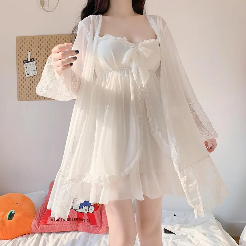 [US warehouse] Sexy pajamas with breast pads, women's lace pajamas robe set, sexy pajamas, white lace robe, women's underwear