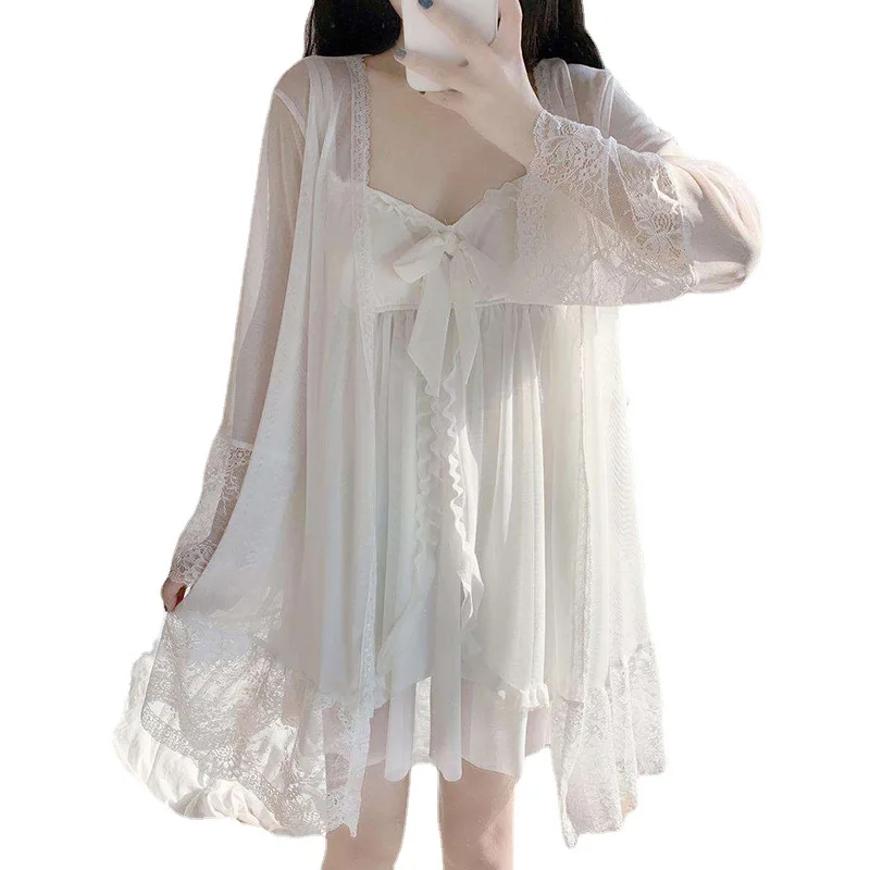 [US warehouse] Sexy pajamas with breast pads, women's lace pajamas robe set, sexy pajamas, white lace robe, women's underwear