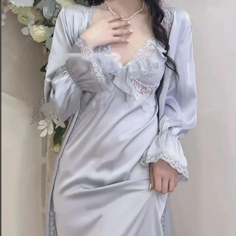 [US Warehouse] Women's bathrobe set silk long-sleeved women's sexy dressing gown lace patchwork satin nightgown