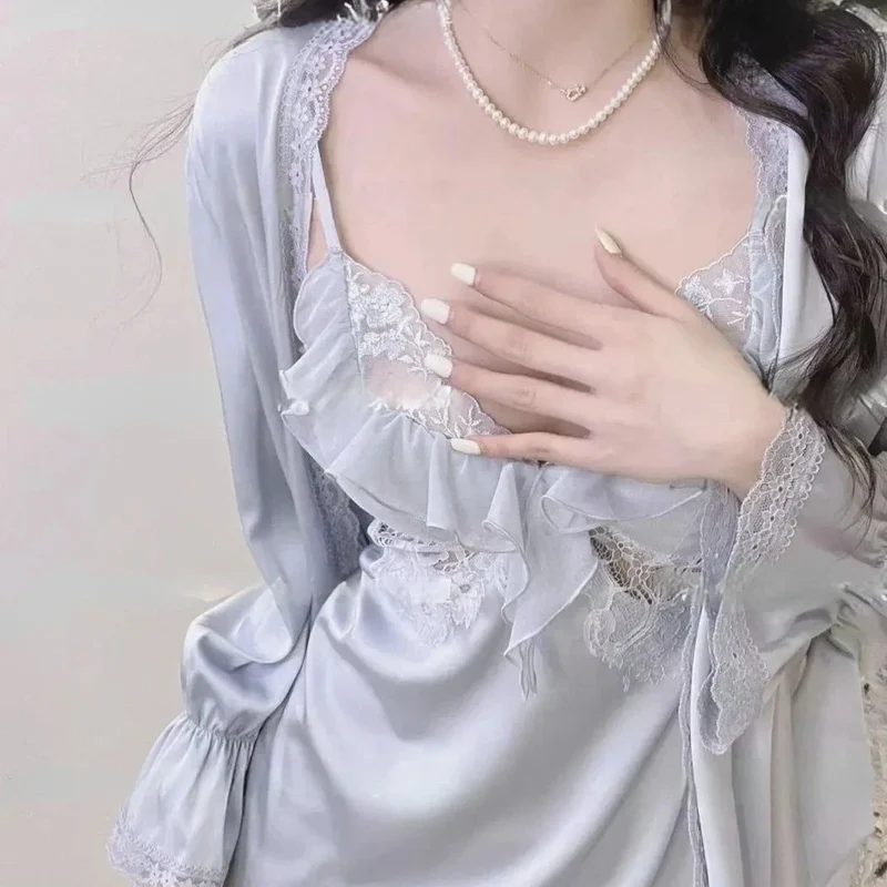 [US Warehouse] Women's bathrobe set silk long-sleeved women's sexy dressing gown lace patchwork satin nightgown