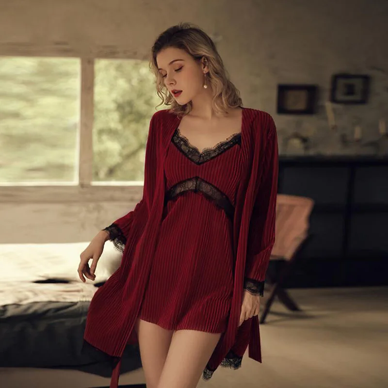 [US warehouse] Red velvet home clothes sexy women's pajamas robe set velvet bathrobe patchwork lace robe set pajamas sleepwear