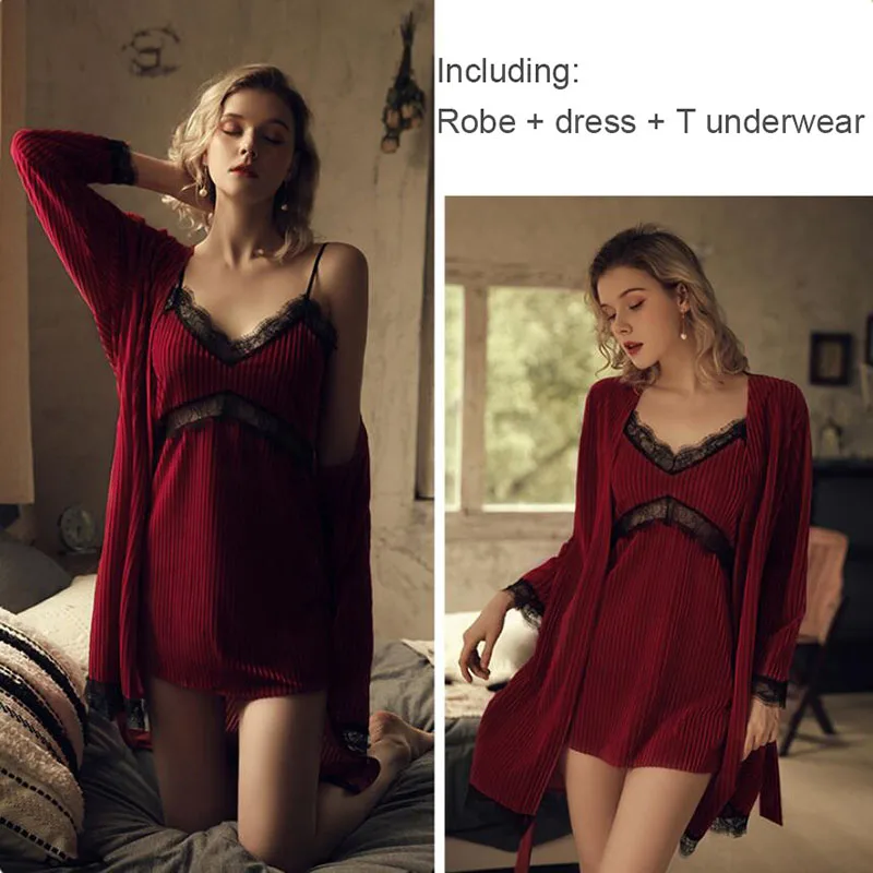 [US warehouse] Red velvet home clothes sexy women's pajamas robe set velvet bathrobe patchwork lace robe set pajamas sleepwear