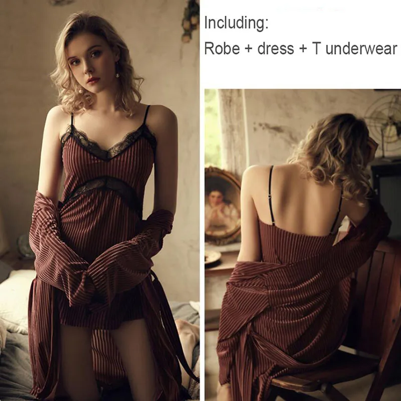 [US warehouse] Red velvet home clothes sexy women's pajamas robe set velvet bathrobe patchwork lace robe set pajamas sleepwear
