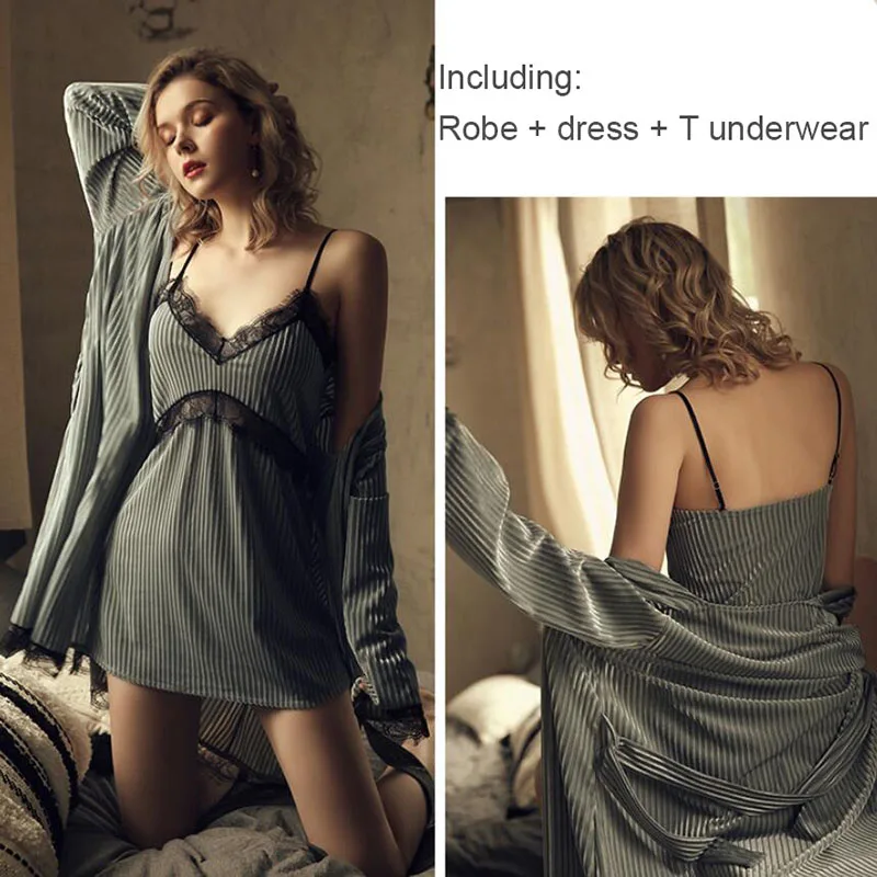 [US warehouse] Red velvet home clothes sexy women's pajamas robe set velvet bathrobe patchwork lace robe set pajamas sleepwear