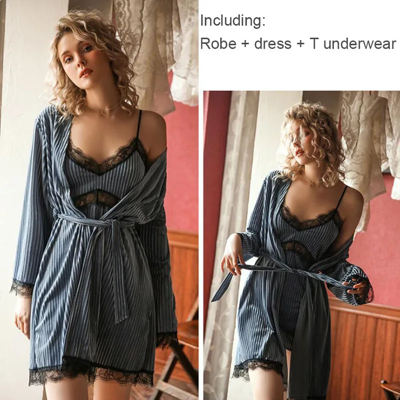 [US warehouse] Red velvet home clothes sexy women's pajamas robe set velvet bathrobe patchwork lace robe set pajamas sleepwear