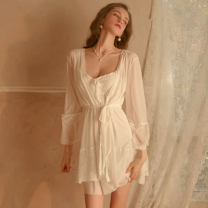 [US warehouse] Nightgown women's nightdress retro women's home clothes sexy pajamas shoulder strap nightdress set
