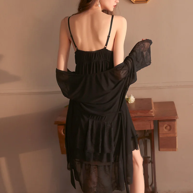 [US warehouse] Nightgown women's nightdress retro women's home clothes sexy pajamas shoulder strap nightdress set