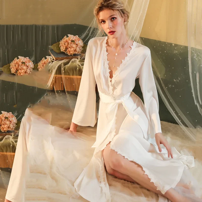 [US Warehouse] Sexy wedding robe white bridal gown pajamas long deep V bathrobe women's backless lace-up