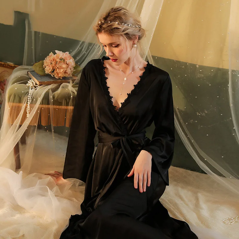 [US Warehouse] Sexy wedding robe white bridal gown pajamas long deep V bathrobe women's backless lace-up