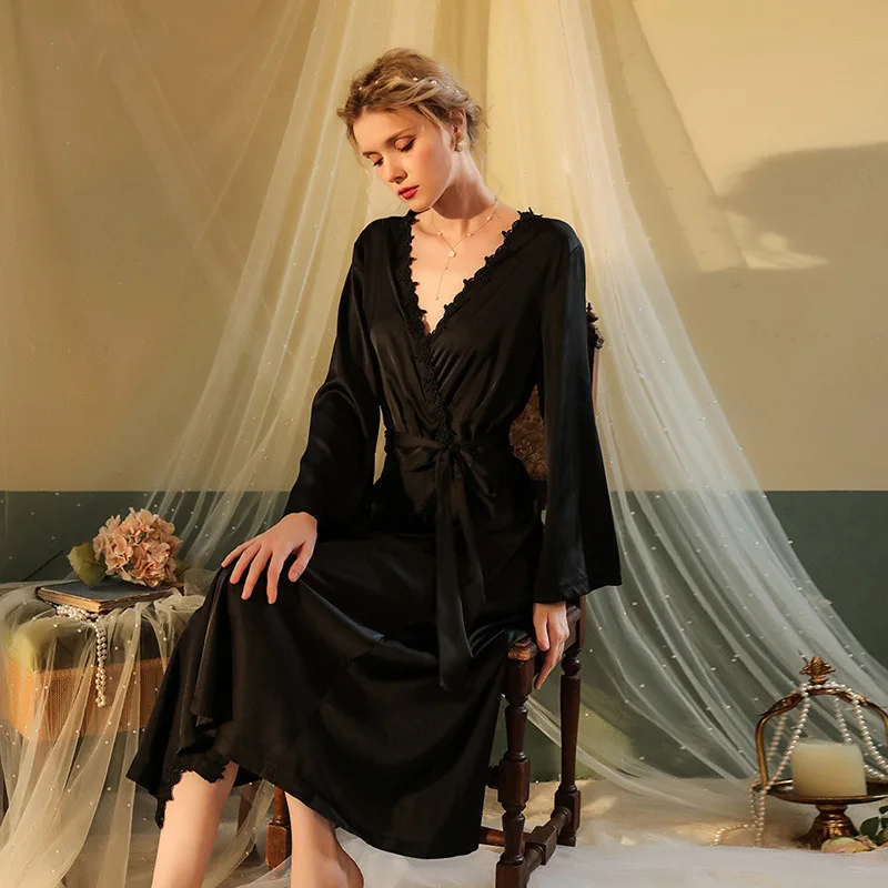 [US Warehouse] Sexy wedding robe white bridal gown pajamas long deep V bathrobe women's backless lace-up