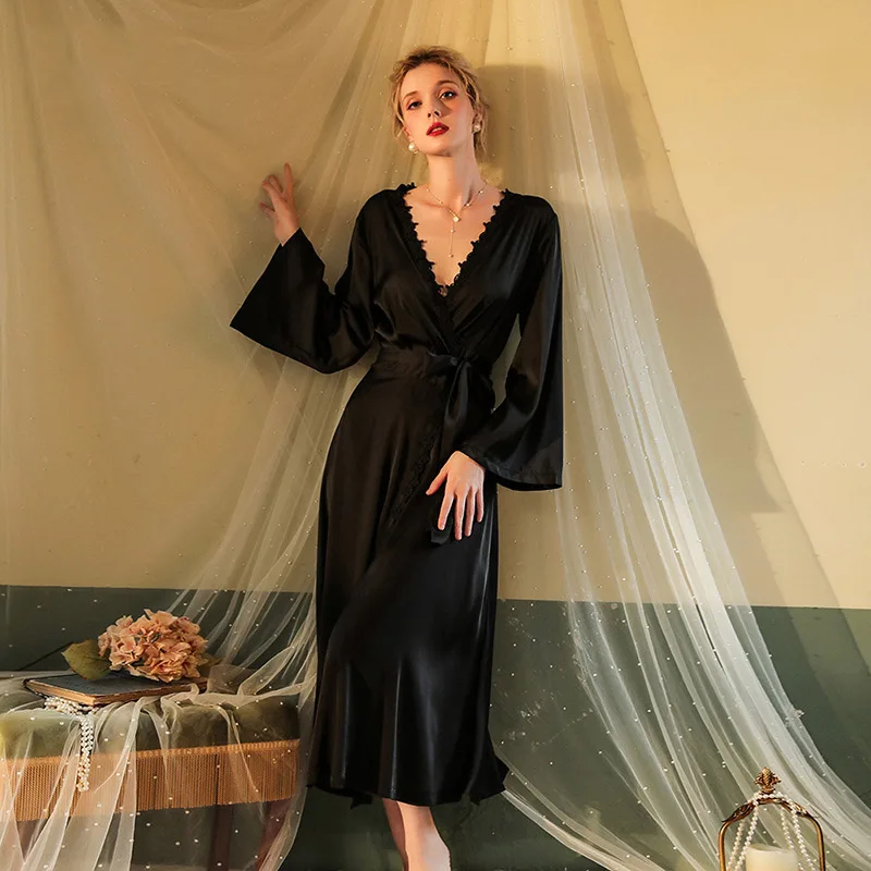 [US Warehouse] Sexy wedding robe white bridal gown pajamas long deep V bathrobe women's backless lace-up