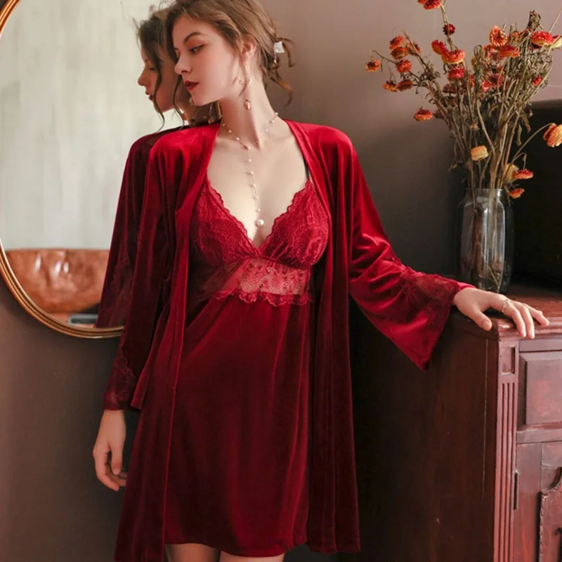 [US Warehouse] Sexy women's pajamas red velvet robe home clothes see-through mesh patchwork dress nightgown set