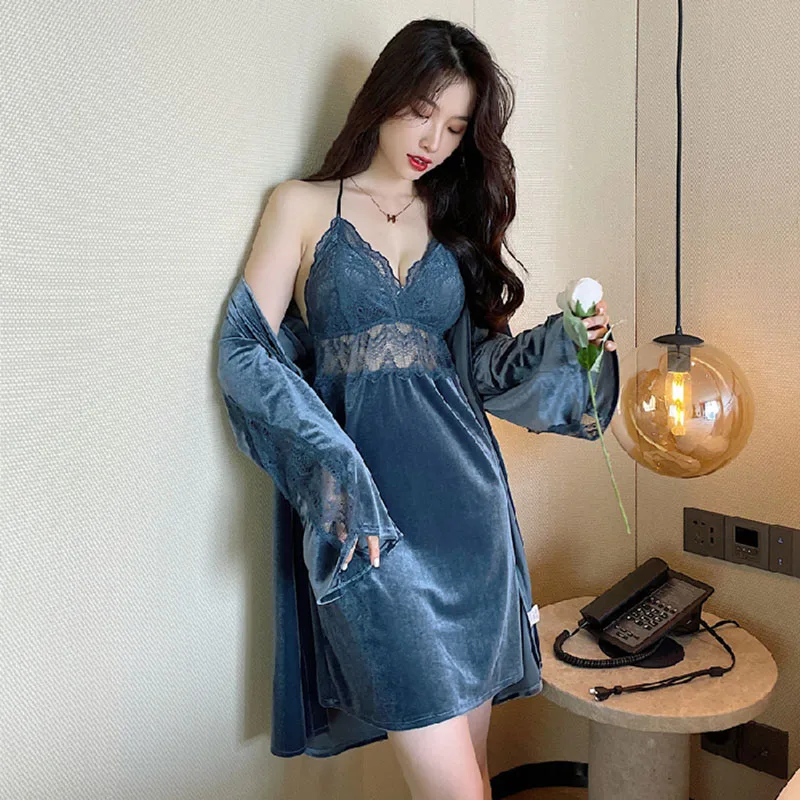 [US Warehouse] Sexy women's pajamas red velvet robe home clothes see-through mesh patchwork dress nightgown set