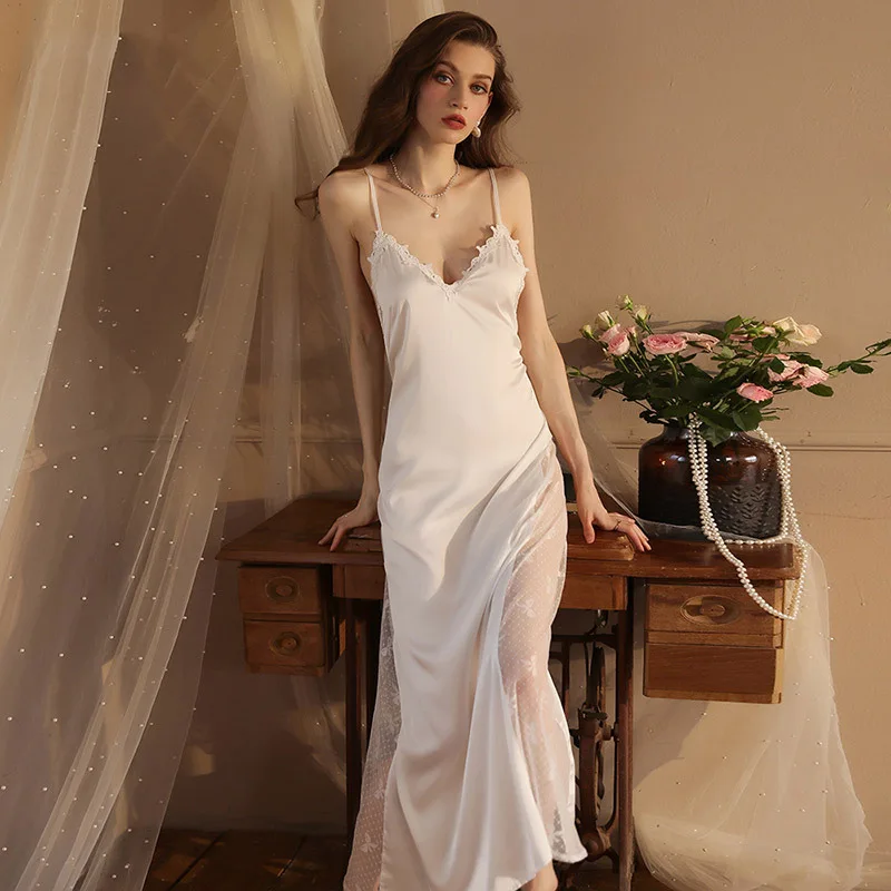 [US warehouse] White fashion sexy casual lace nightgown women's pajamas women's dress long edge mesh stitching extremely sexy nightgown