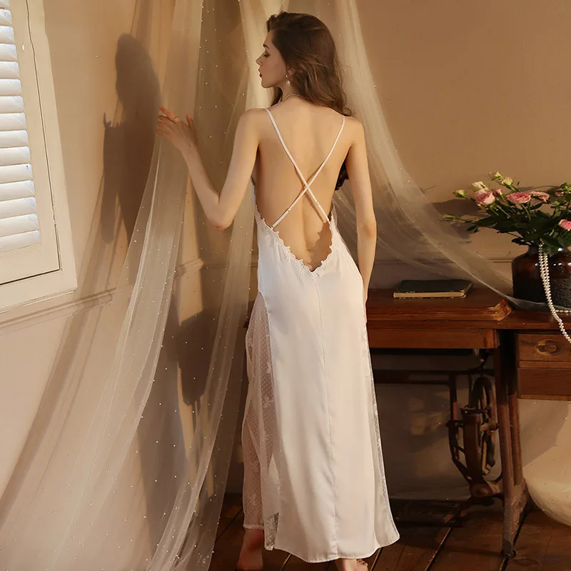 [US warehouse] White fashion sexy casual lace nightgown women's pajamas women's dress long edge mesh stitching extremely sexy nightgown
