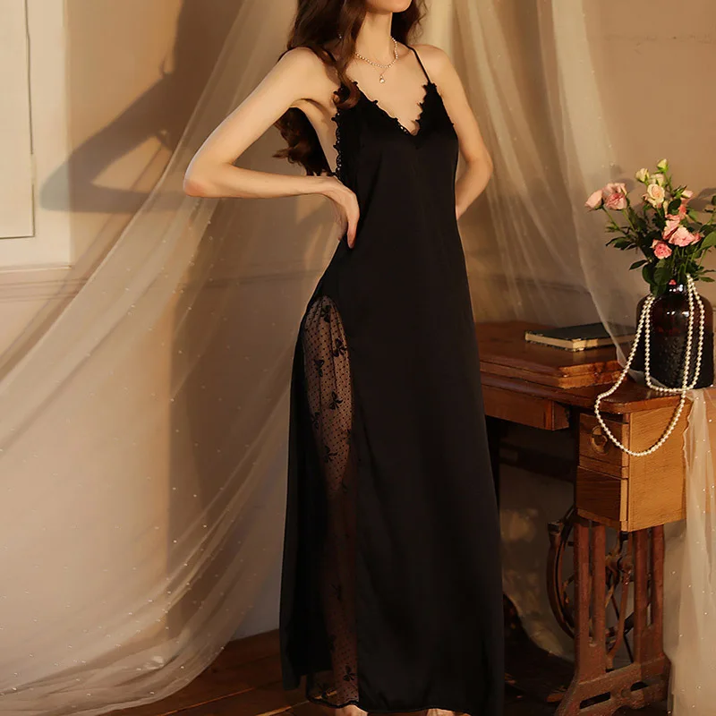 [US warehouse] White fashion sexy casual lace nightgown women's pajamas women's dress long edge mesh stitching extremely sexy nightgown