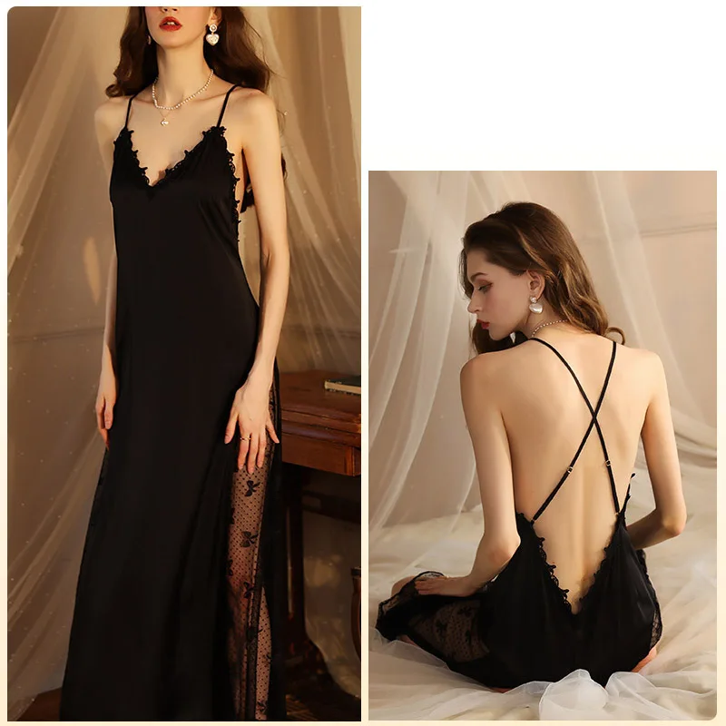 [US warehouse] White fashion sexy casual lace nightgown women's pajamas women's dress long edge mesh stitching extremely sexy nightgown