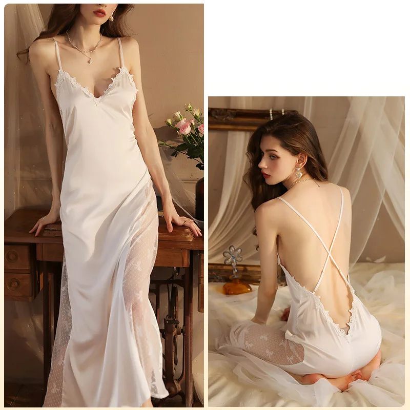 [US warehouse] White fashion sexy casual lace nightgown women's pajamas women's dress long edge mesh stitching extremely sexy nightgown