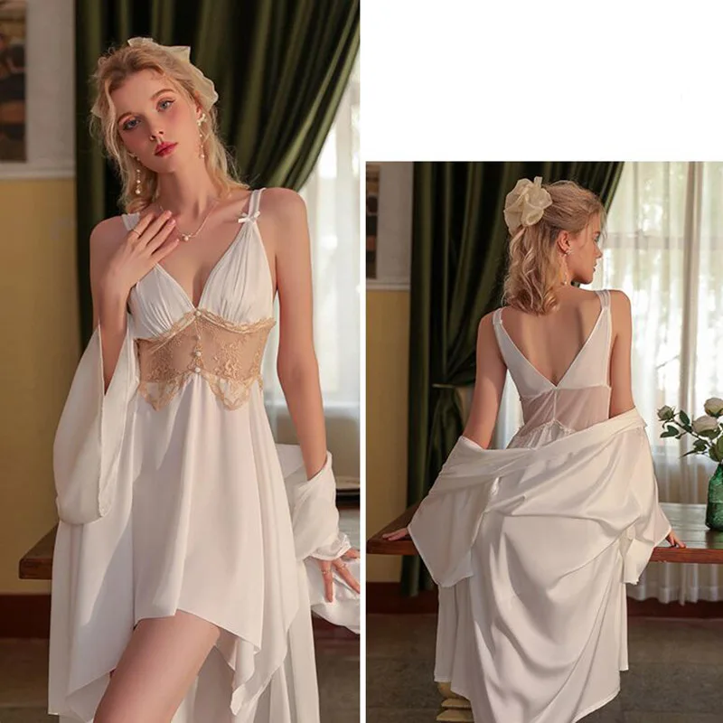 [US warehouse] Sexy lace see-through suspender nightgown female home wear suit ladies satin nightgown suit beautiful nightgown
