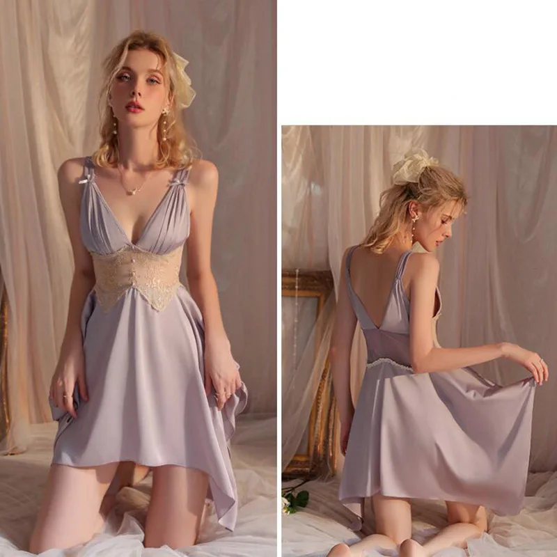 [US warehouse] Sexy lace see-through suspender nightgown female home wear suit ladies satin nightgown suit beautiful nightgown