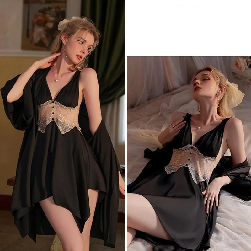 [US warehouse] Sexy lace see-through suspender nightgown female home wear suit ladies satin nightgown suit beautiful nightgown