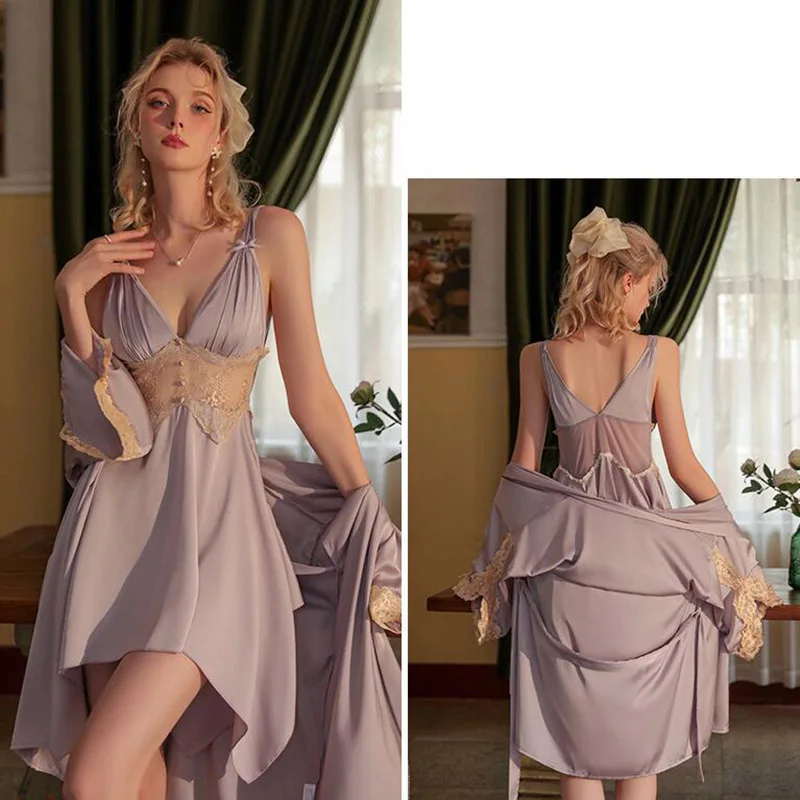 [US warehouse] Sexy lace see-through suspender nightgown female home wear suit ladies satin nightgown suit beautiful nightgown