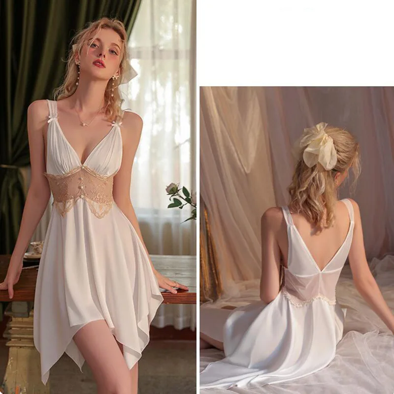 [US warehouse] Sexy lace see-through suspender nightgown female home wear suit ladies satin nightgown suit beautiful nightgown