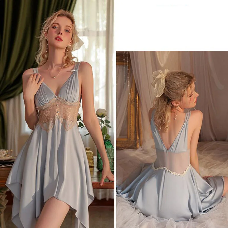 [US warehouse] Sexy lace see-through suspender nightgown female home wear suit ladies satin nightgown suit beautiful nightgown