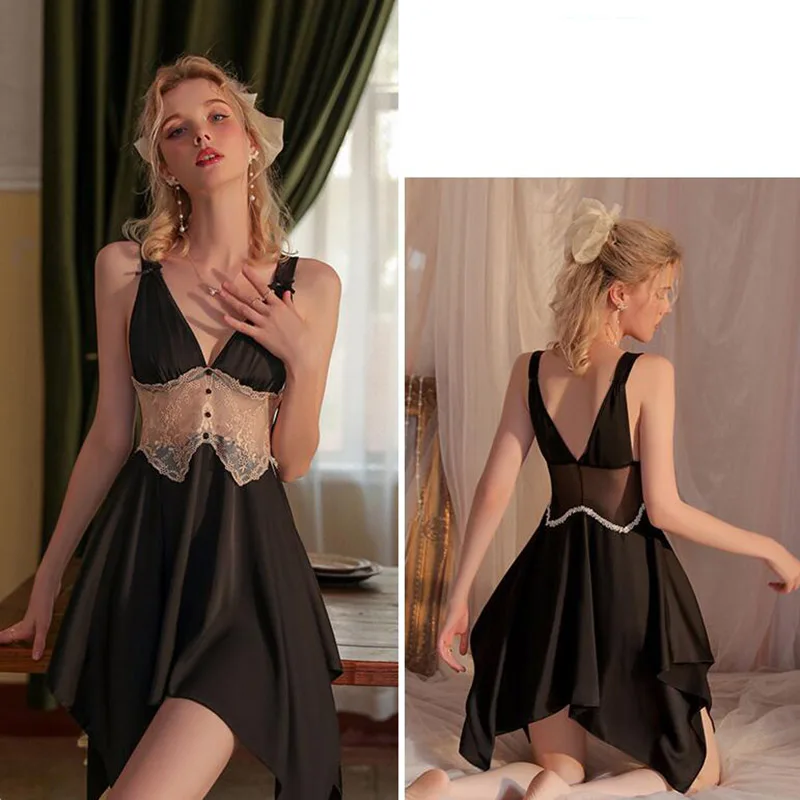 [US warehouse] Sexy lace see-through suspender nightgown female home wear suit ladies satin nightgown suit beautiful nightgown