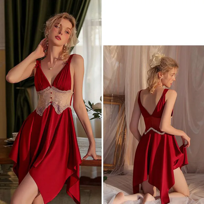 [US warehouse] Sexy lace see-through suspender nightgown female home wear suit ladies satin nightgown suit beautiful nightgown