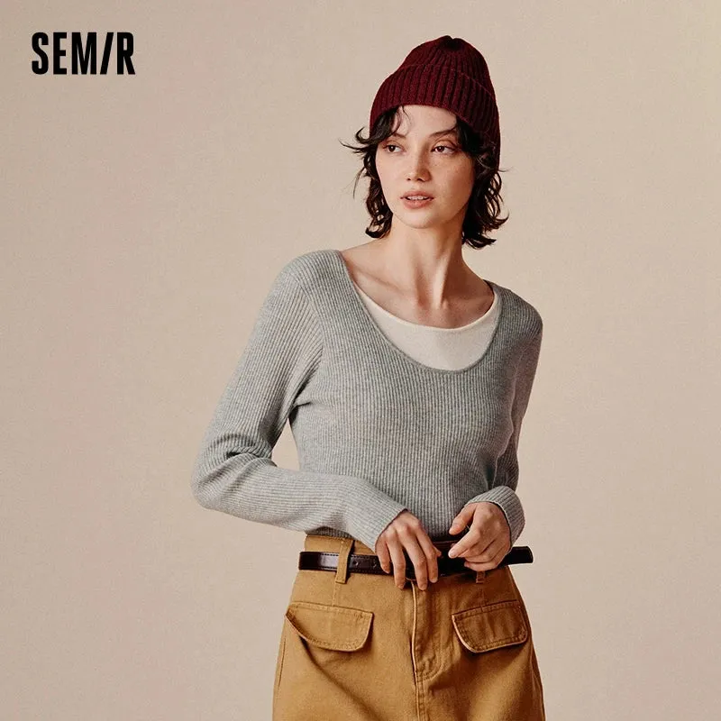 [US warehouse] Semir sweater women's color matching imitation two-piece sweater slim fit versatile round neck pullover slimming effect