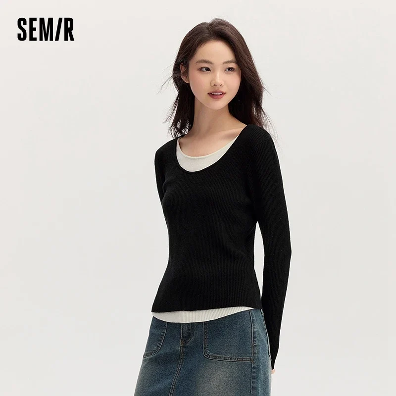 [US warehouse] Semir sweater women's color matching imitation two-piece sweater slim fit versatile round neck pullover slimming effect