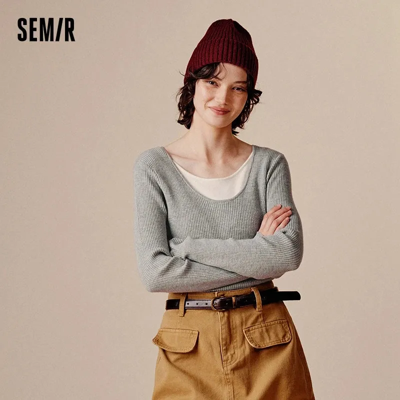 [US warehouse] Semir sweater women's color matching imitation two-piece sweater slim fit versatile round neck pullover slimming effect