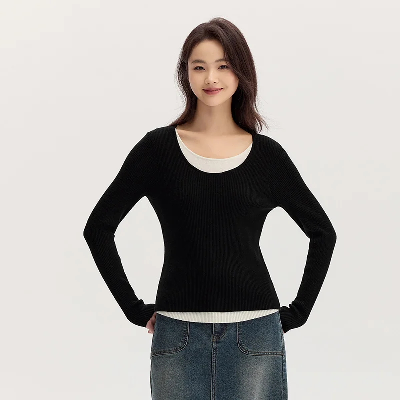 [US warehouse] Semir sweater women's color matching imitation two-piece sweater slim fit versatile round neck pullover slimming effect