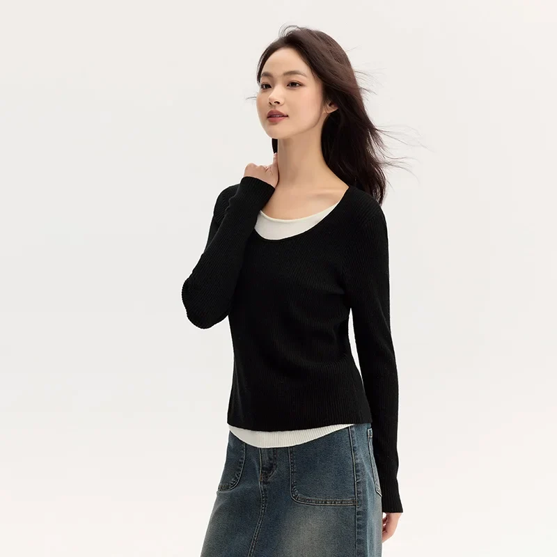 [US warehouse] Semir sweater women's color matching imitation two-piece sweater slim fit versatile round neck pullover slimming effect