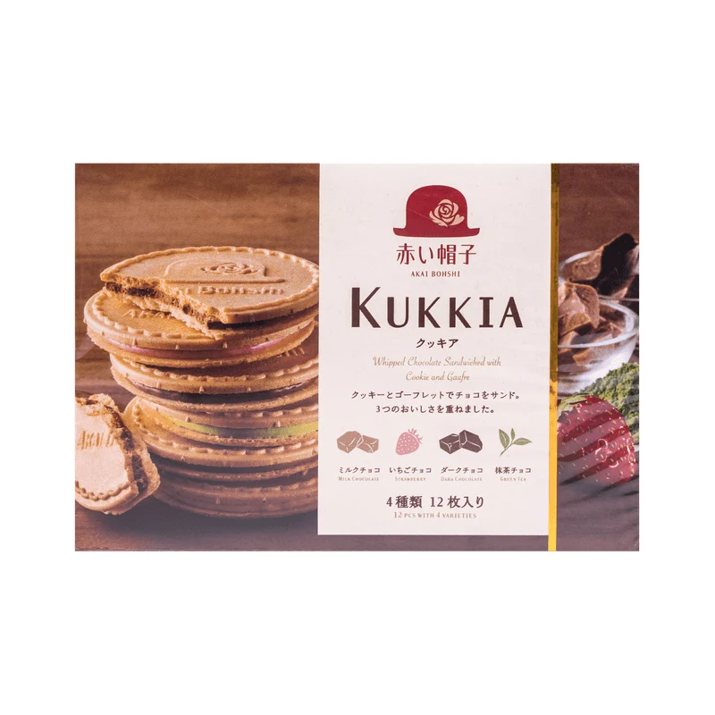 [Self-operated] Japanese AKAIBOHSHI Red Hat Red Box KUKKIA French Chocolate Cream Sandwich Pancakes Matcha Chocolate Strawberry Cocoa Milk Mixed Flavor 12 Pieces 93.6g 4 Flavors French Wafer Sandwich Pancakes