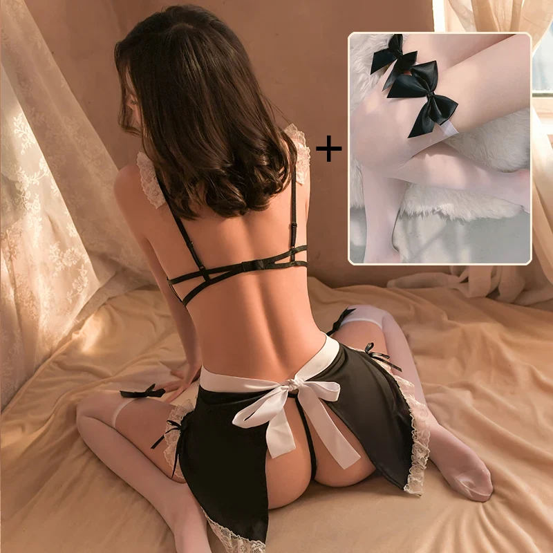 [US warehouse] Women's sexy lingerie low-cut bondage maid outfit lingerie costume role play palace maid hot babydoll lace uniform sexy role play