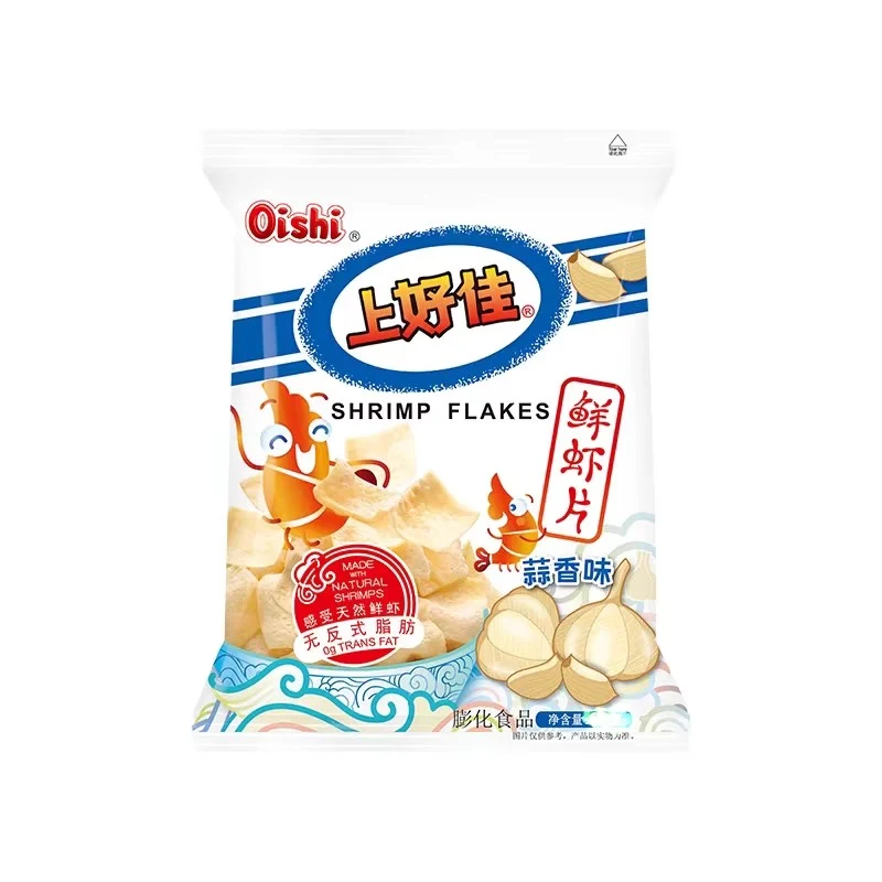 [Self-operated] China OISHI Shanghaojia fresh shrimp slices garlic flavor 80g casual puffed snacks office snacks essential children's snacks for watching TV series