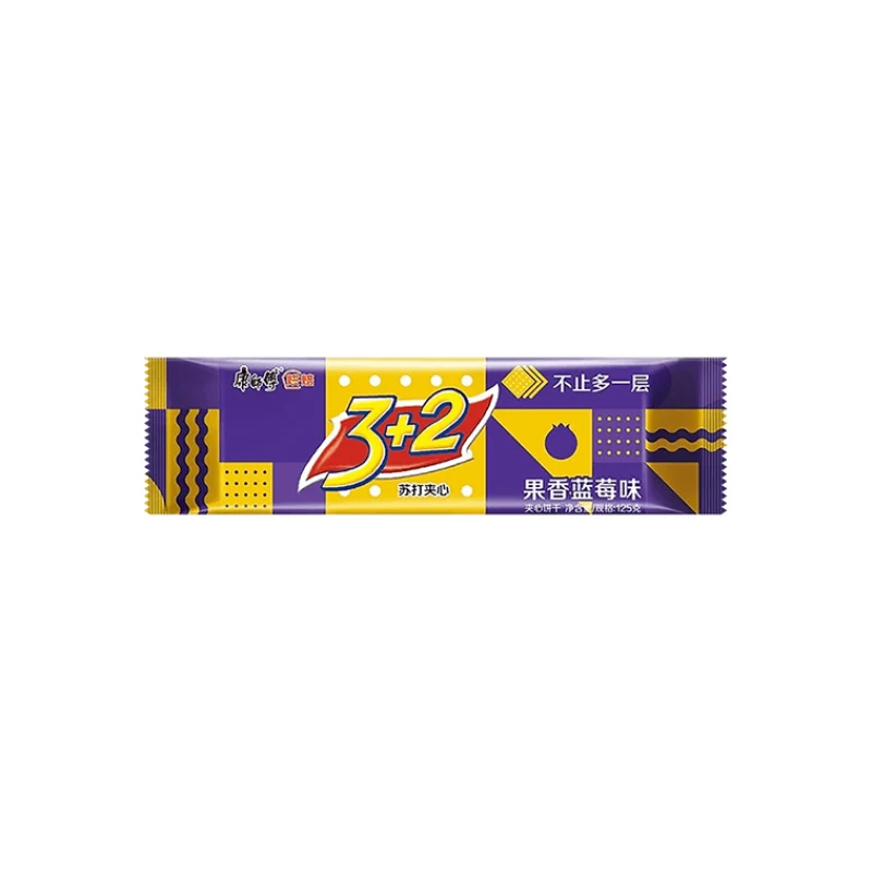 【Self-operated】China MASTER KONG 3+2 Soda Sandwich Biscuits Fruity Blueberry Flavor 125g Breakfast Milk Food Snacks