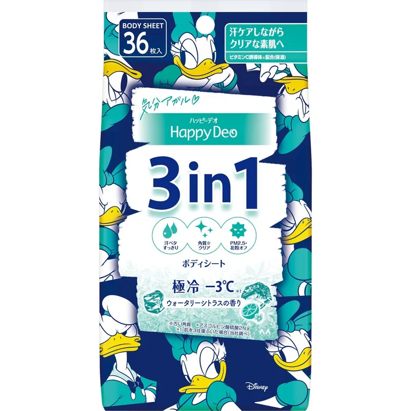 [Self-operated] Japan MANDOM Happy Deo 3 in 1 antiperspirant face and body care wipes super cooling citrus scent 36 pieces